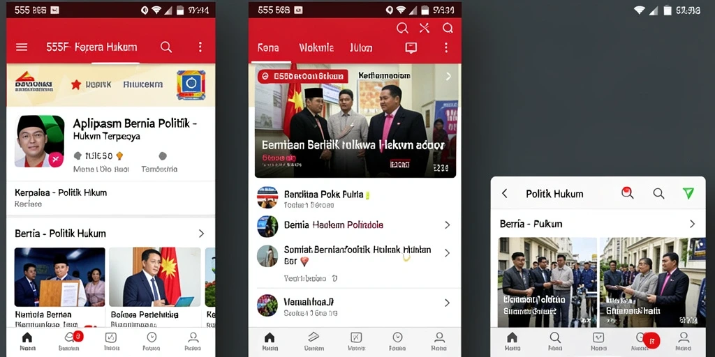 Tampilan antarmuka aplikasi 555F dengan berita terkini politik hukum.