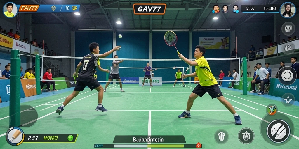 Tampilan antarmuka FAV77 yang menarik dan fungsional untuk bermain badminton.