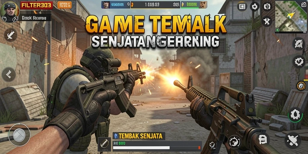 Tampilan antarmuka FILTER303 menunjukkan aksi tembak-menembak yang mendebarkan.
