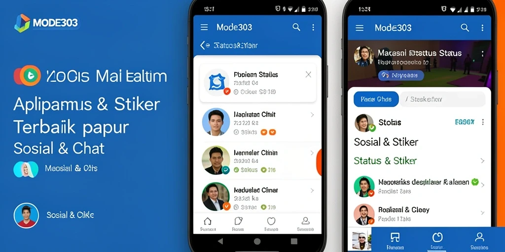 Antarmuka aplikasi MODE303 dengan berbagai stiker menarik untuk chat.