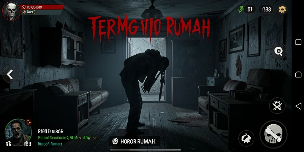Screenshot utama RR89 menampilkan suasana rumah berhantu yang menyeramkan.