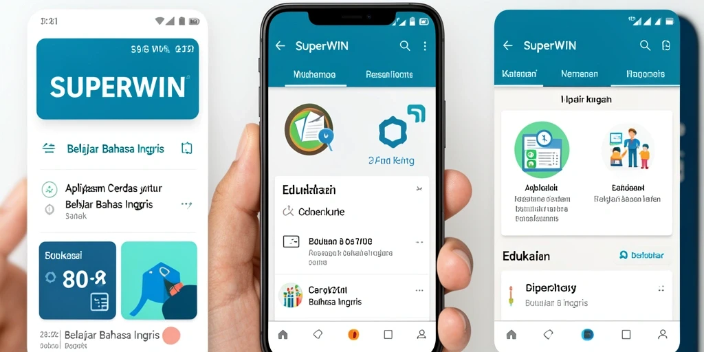 Antarmuka antarmuka SUPERWIN menampilkan fitur belajar bahasa Inggris yang interaktif.