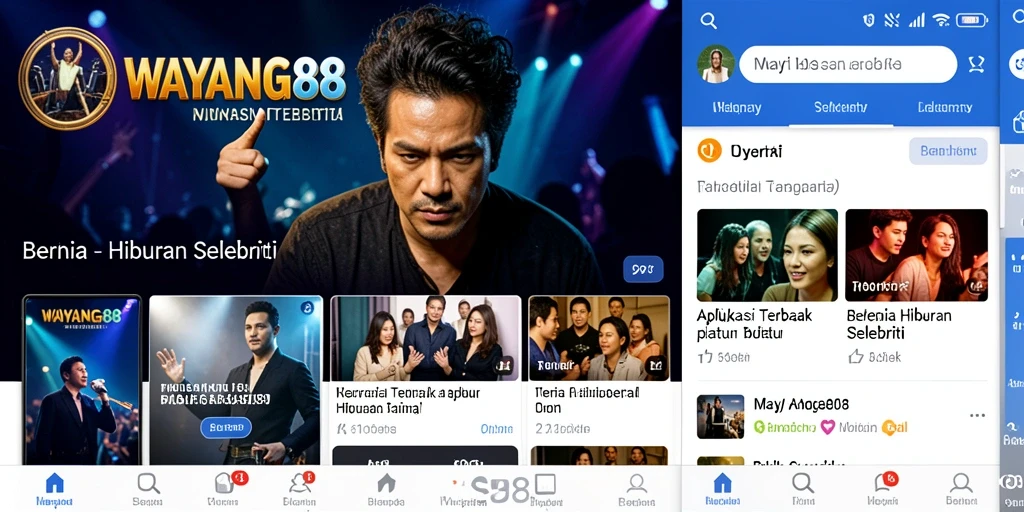 Tampilan antarmuka aplikasi WAYANG88 dengan berita hiburan selebriti.